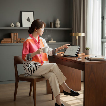 FARAMOND BERLIN abstract print shirt with orange, pink, white, and black patterns. Ruffle trim detail.