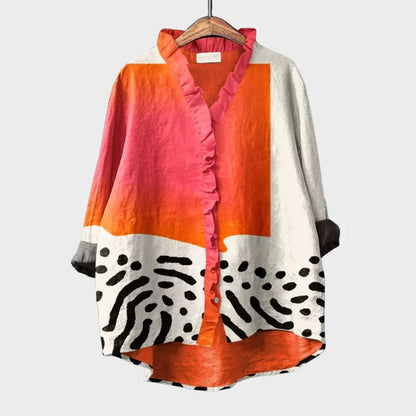 FARAMOND BERLIN abstract print shirt with ruffle trim, V-neck, button-down front, long sleeves, in orange, pink, white, and black.