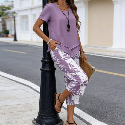 Lea Round Neck Layered Tunic Top and Wide Leg Pants Set