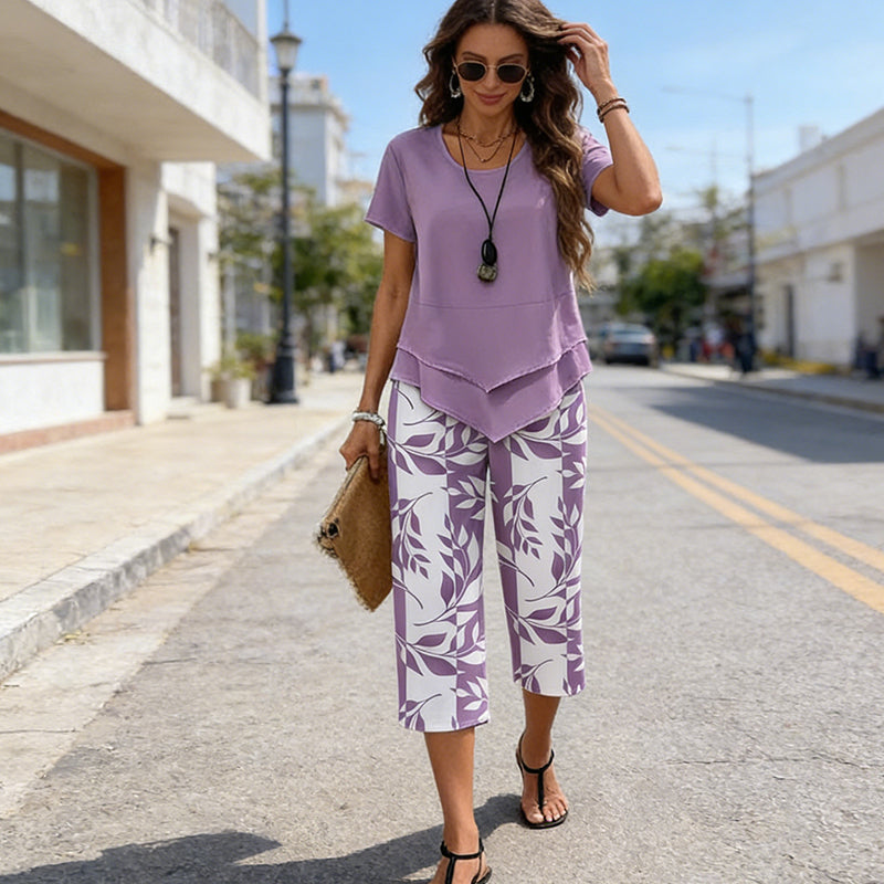 Lea Round Neck Layered Tunic Top and Wide Leg Pants Set