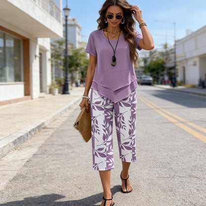 Lea Round Neck Layered Tunic Top and Wide Leg Pants Set