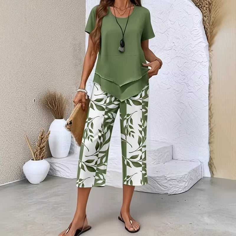 Lea Round Neck Layered Tunic Top and Wide Leg Pants Set