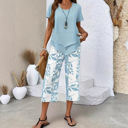 Lea Round Neck Layered Tunic Top and Wide Leg Pants Set