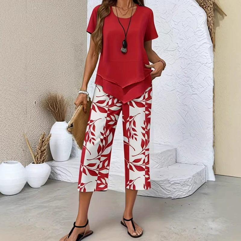 Lea Round Neck Layered Tunic Top and Wide Leg Pants Set